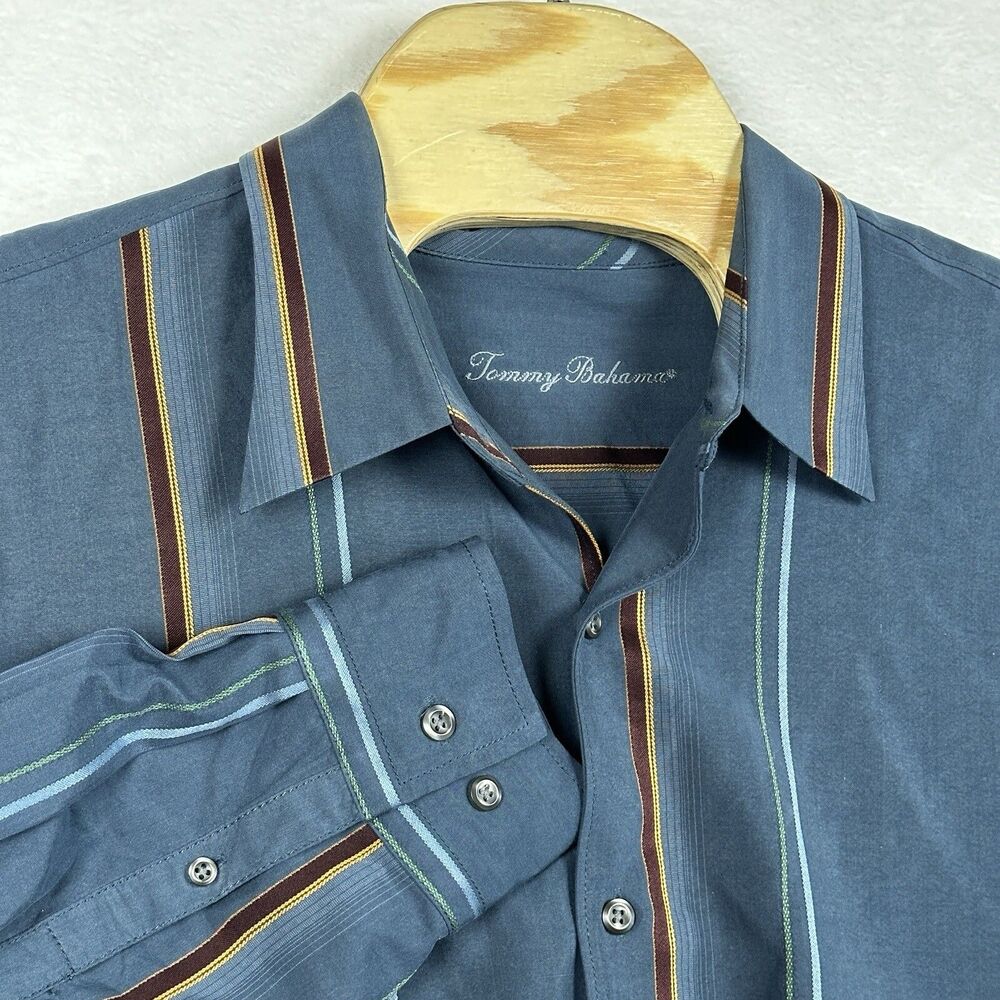 Tommy Bahama Long Sleeve Shirt Men's Size XL Silk Wool Blend Blue Striped